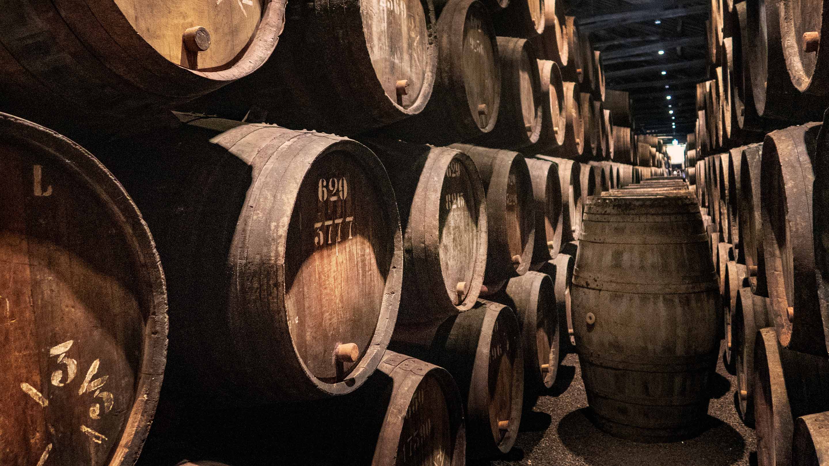 Whiskey barrels being stored